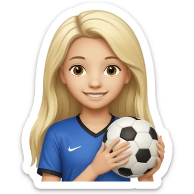 A girl with long light blonde hair with make-up on that looks around 13 years old with a soccer ball sticker