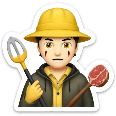 scary evil man look like from friday 13th with the yellow hat and meat khife sticker