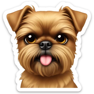 A face shot of an all tan Brussels griffon with black eyes ears sticking up and a tongue out sticker