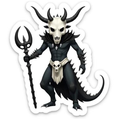 Shiny Dark Edgy  Inteleon-Amaura-Fakémon-hybrid-creature (full body) with a horned animal-skull-mask sticker