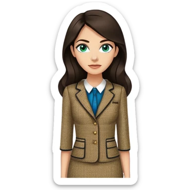 a 30 year old female venture capitalist with 50% greek and 50% american genes, 6 ft tall, long dark brown hair and blue/green eyes, wearing a chanel tweed professional dress, tan skin (make teh eyes a little less bright) sticker