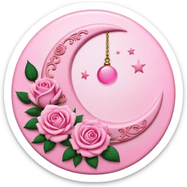 A round pink button with a crescent damask moon and pink roses in the center sticker