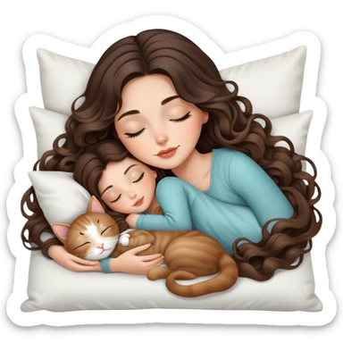 beautiful brunette with a light balayage white girl with nice curls/defined waves, very long hair, clean girl makeup SLEEPING ON A PILLOW WITH HER TWO KITTIES sticker