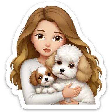A beautiful olive skinned girl with long flowy brown hair and blonde highlights, hugging a white bichon frise sticker