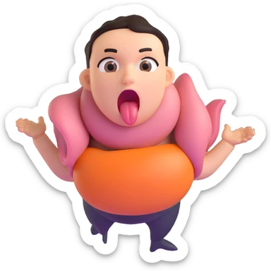 person clutching stomach, eyes wide, tongue out, showing extreme hunger sticker