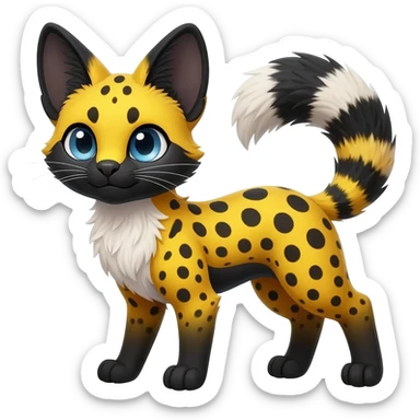 beautiful elegant spotted hype-realistic, black-maned, vibrant yellow Genet-Serval-Sergal-Margay-Fox-fusion-hybrid-furry-fursona, full body, with a long puffy fluffy black-and-white-striped tail, black long big ears, with natural blue eyes sticker