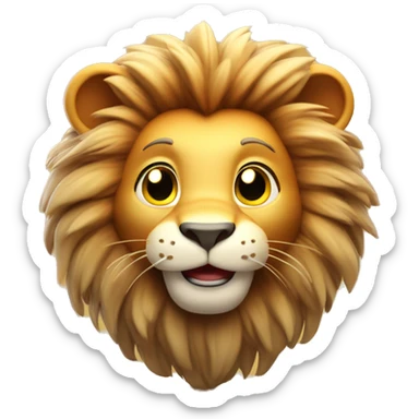 3D cartoon lion character with soft fur texture, small body with big head, gentle gradient background, sitting playfully with a big smile, warm lighting sticker