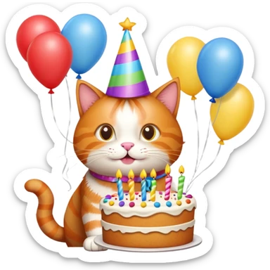 Ginger cat celebrates birthday, birthday hat, birthday cake, balloons, happy sticker