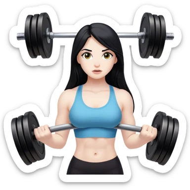 Pale girl with long black hair lifting weights sticker