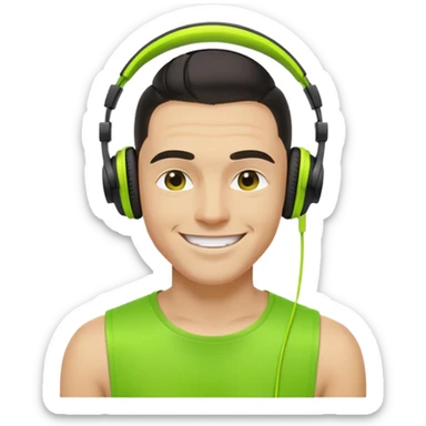 yellow-skinned guy head with slicked back black undercut hair and neon green headphones, smiling sticker