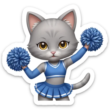 A cute chibi sleek grey cat cheerleader twirling pom-poms with confident energy. sticker
