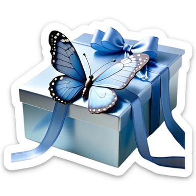 A translucent blue butterfly with pearl-like speckles rests gently on a cascading satin ribbon, its soft sheen reflecting the morning light. The ribbon, tied into an elegant bow, drapes over a lace-trimmed wooden box, while delicate shadows dance across its surface. Another butterfly, with wings as light as gossamer, flutters nearby, its movement barely stirring the air. sticker