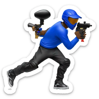Brown skin paintball player wearing a royal blue long sleeve jersey, black pants, white shoes and running with a paintball gun in hand sticker