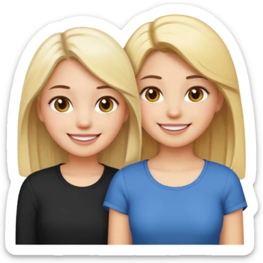 two girls, best friends, one with dark hair and one with blonde hair, smiling together, emoji style sticker