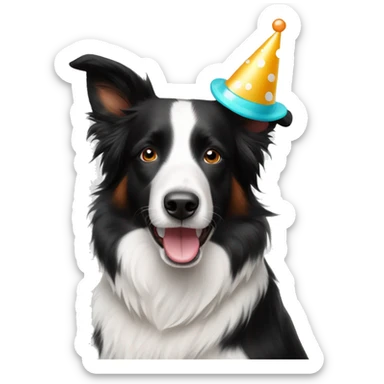 A freckled black and white Border Collie wearing a party hat.  sticker
