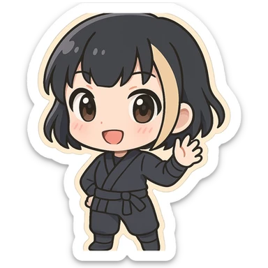 chibi ninja girl with black short hair and a blonde streak, big head, small body and arms, not overly round or infant-like, cute and playful, anime-style face with large expressive eyes, small nose and mouth, subtle blush, hand fully raised, waving to the right, smiling, pastel colors, soft shading, clean outlines, no mask sticker
