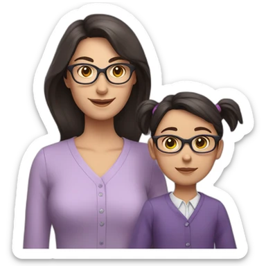 girl teacher in glasses with dark hair teacher in a lilac shirt with child sticker