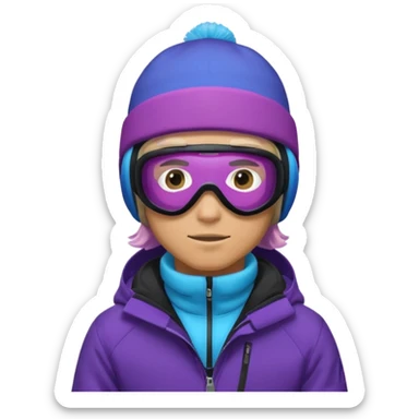 male Pro Snowboarder with white beanie, ONE pair of purple and blue frameless goggles and a black jacket sticker