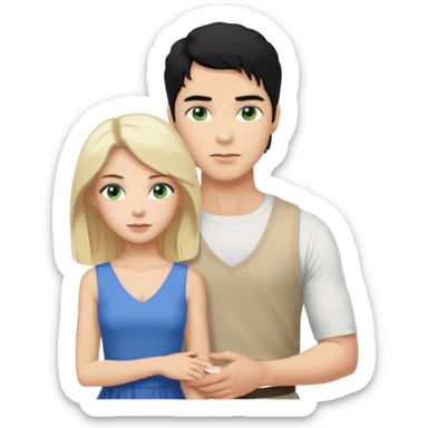 prince,  black Hair, blue eyes, garment,  woman, siiting in man white sleveless dress, blonde hair, green eyes, sticker