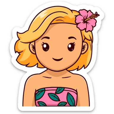 tan girl with blonde hair and brown highlight streaks with a hibiscus flower in her hair wearing a pink tube top with tan lines showing sticker