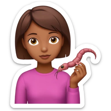 a girl with brown eyes, brown short hair and a worm sticker