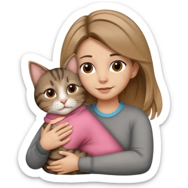 Une femme avec les cheveux dégradée, brun et blond, qui fait un câlin à son chat gris, tigré avec les extrémités que pattes pointe d’oreilles noires et le dessous du menton blanc  sticker
