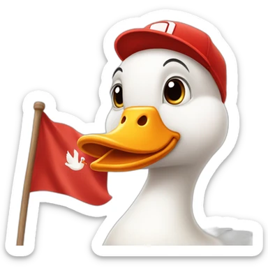 White goose wearing a red baseball cap and,bow tie on neck, holding big red flag sticker