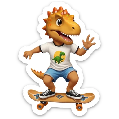 Dinosaur skateboarding at the skate park wearing a t-shirt and doing six seven sticker