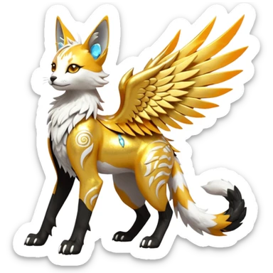 Epic complex fantasy glorious detailed futuristic divine godly angelic feathery sunny, white, albino, pastel, golden, orange glowing sparkly, realistic Fakémon-Sprigatito-Floragato-Meowscarada-Trico-Sergal-Serval-Solgaleo-Vernid-creature (full body) solarpunk, shiny sparkly with a gold laurel sticker