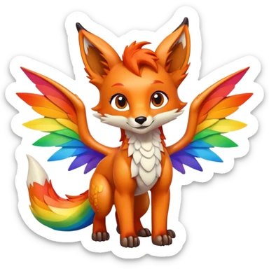 Cartoon Fox dragon hybrid with wings face front full body rainbow colored sticker