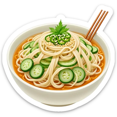 Liangpi Cold Skin Noodles with julienned cucumber and sesame sauce, simplified emoji style with bold outlines and bright colors, cartoon style Shaanxi cold appetizer sticker