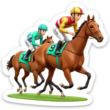 A 3D cartoon horse race scene with jockeys in motion, grassy track, bright daylight, Memoji-style rendering. sticker