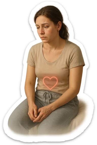 3D realistic medical illustration: a young woman in her 20s or 30s sits on the edge of a bed in a softly lit bedroom, looking thoughtful and slightly concerned. She wears comfortable loungewear, her posture is slouched, and her expression is subdued. Subtle visual cues—such as a faded calendar with missed menstrual cycles and a dimmed heart or energy icon near her abdomen—symbolize low libido and amenorrhea. The scene is realistic, intimate, and empathetic. sticker