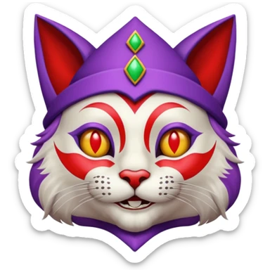 crazy colorful cute little cat jolly joker from poker, medieval, vintage, court jester, mac os icon, purple and red color, chromed inserts, half body sticker