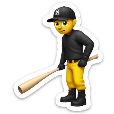Robber hanging a bat with his left hand and wearing black and white cap and shirt and his body colour is yellow and his eyes are black sticker
