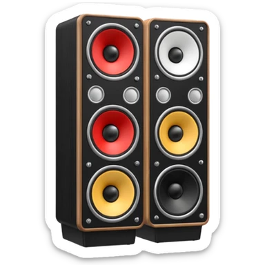 3D render of Speaker Stack, vintage 1980s audio equipment aesthetic, tactile analog buttons, matte black cabinet with a large white cone center, mixed wood grain and brushed aluminum textures, Apple emoji style, isolated on white background --v 6.0 sticker