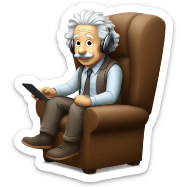 albert einstein happy listening music with just wireless headphones while sitting on the brown chair sticker