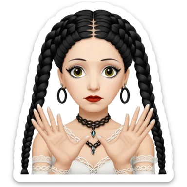 Lene Lovich as seen on the Stateless album cover with a typical symmetrical pose with her hands, lots of lace and braided hair sticker