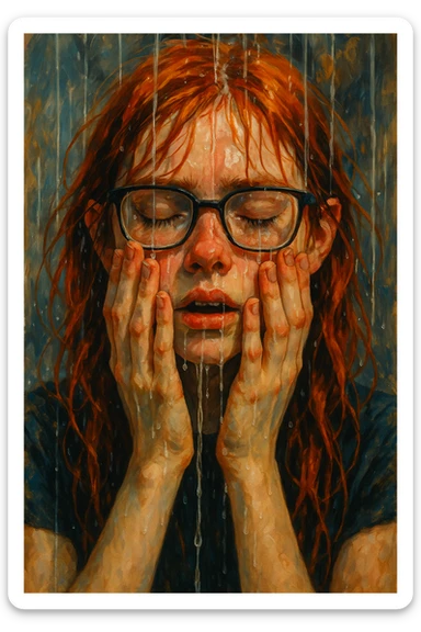 girl with red hair and glasses, hands pressed to her face, water pouring down, semi-realistic digital art style sticker