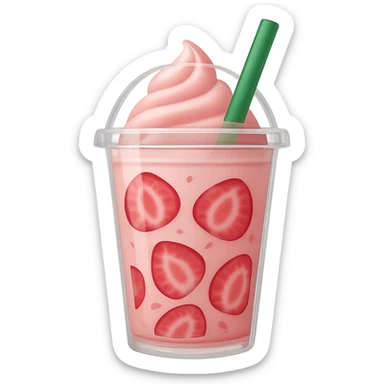 Show the strawberries inside the drink as thinly sliced pieces, keep the light pink Starbucks drink in a clear cup with green straw, in emoji style with no background. sticker