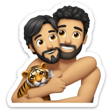 a caucasian guy with black hair and beard hugging with a tiger sticker