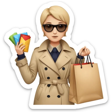 mystery shopper in trench coat, sunglasses, holding a shopping bag sticker
