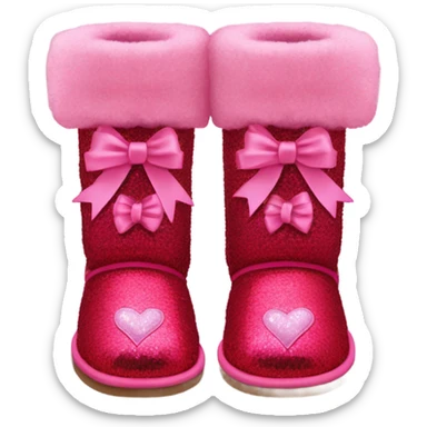 Realistic isolated pair of tall Red Ugg Fur Boots laced up with pink silk ribbon bows and hot pink and light pink sequin heart shaped patches sewn onto them. sticker