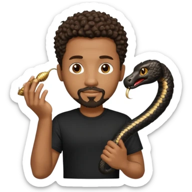 Homme noir, yeux marron avec un bouc menton, cheveux court et bouclé crépus avec un dégradé sur le côté, avec un cobra à côté , t-shirt noir  sticker