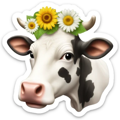A cow with pretty flowers on head and a CD sticker
