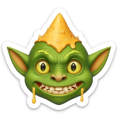 cheddar goblin, green skin, green ears, underbite, cheese dripping, yellow eyes, narrow pointy nose sticker