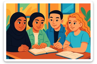 Illustration of four students working together, thoughtfully but with a relaxed and friendly atmosphere. The students should resemble the four people in the reference photos. The style is colorful, modern cartoon with a pleasant and bright background conveying a convivial ambiance. sticker