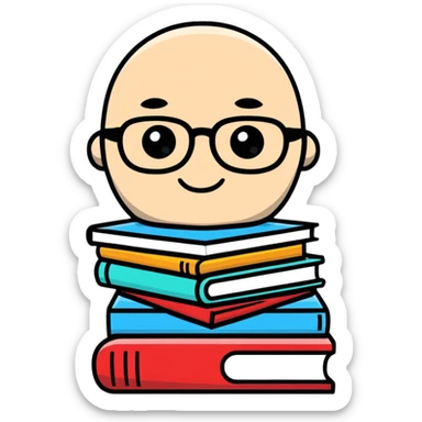 cartoon sticker of an intellectual person with glasses and a stack of books sticker