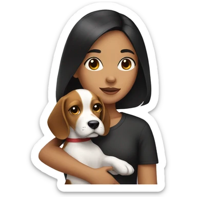 girl with black hair holding a beagle sticker