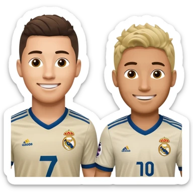 Prime noodle hair ronaldo and prime 2012 messi Smiling in one Photo and make it realistic Ronaldo wearing Number 7 With Madrid and Messi wearing number 10 with barca  sticker